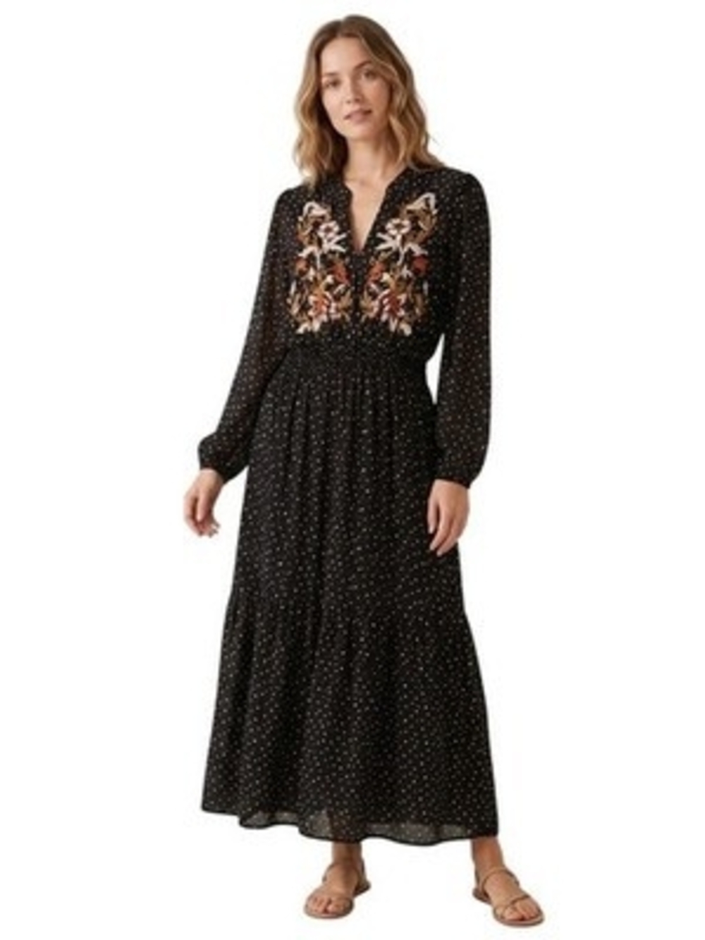Black Polka Dot Maxi Dress with Floral Embroidery
